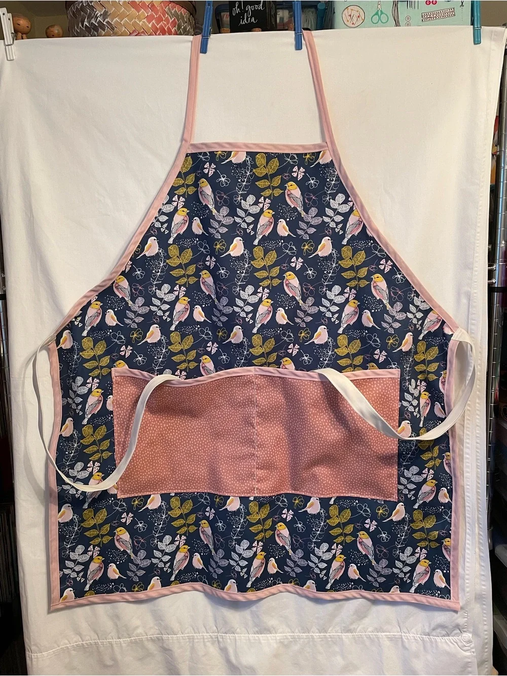 Bird Pattern Kitchen Apron in Navy and Pink